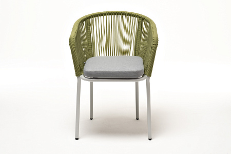 "Марсель" стул плетеный из роупа, каркас алюминий светло-серый (RAL7035) шагрень, роуп салатовый меланж круглый, ткань светло-серая