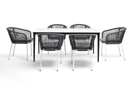 "Малага" обеденная группа на 6 персон со стульями "Марсель", каркас белый, роуп серый