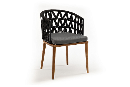 "Диего" стул плетеный из роупа, основание дуб, роуп темно-серый круглый, ткань серая