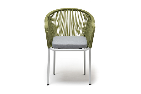 "Лион" стул плетеный из роупа, каркас алюминий светло-серый (RAL7035) шагрень, роуп салатовый меланж круглый, ткань светло-серая