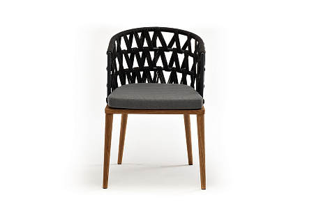 "Диего" стул плетеный из роупа, основание дуб, роуп темно-серый круглый, ткань серая