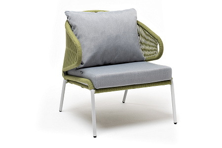 "Милан" кресло плетеное из роупа, каркас алюминий светло-серый (RAL7035) шагрень, роуп салатовый меланж круглый, ткань светло-серая